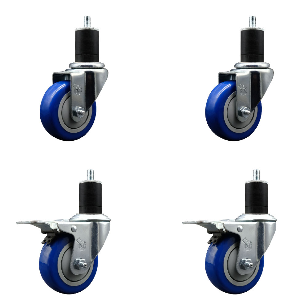 SCC-SSEXTTL20S3514-PPUB-BLU-2-S2-134 Stainless Steel Polyurethane Swivel Expanding Stem Caster with 3.5 in. Blue Wheels & 1.75 in. Stems - Set of 4