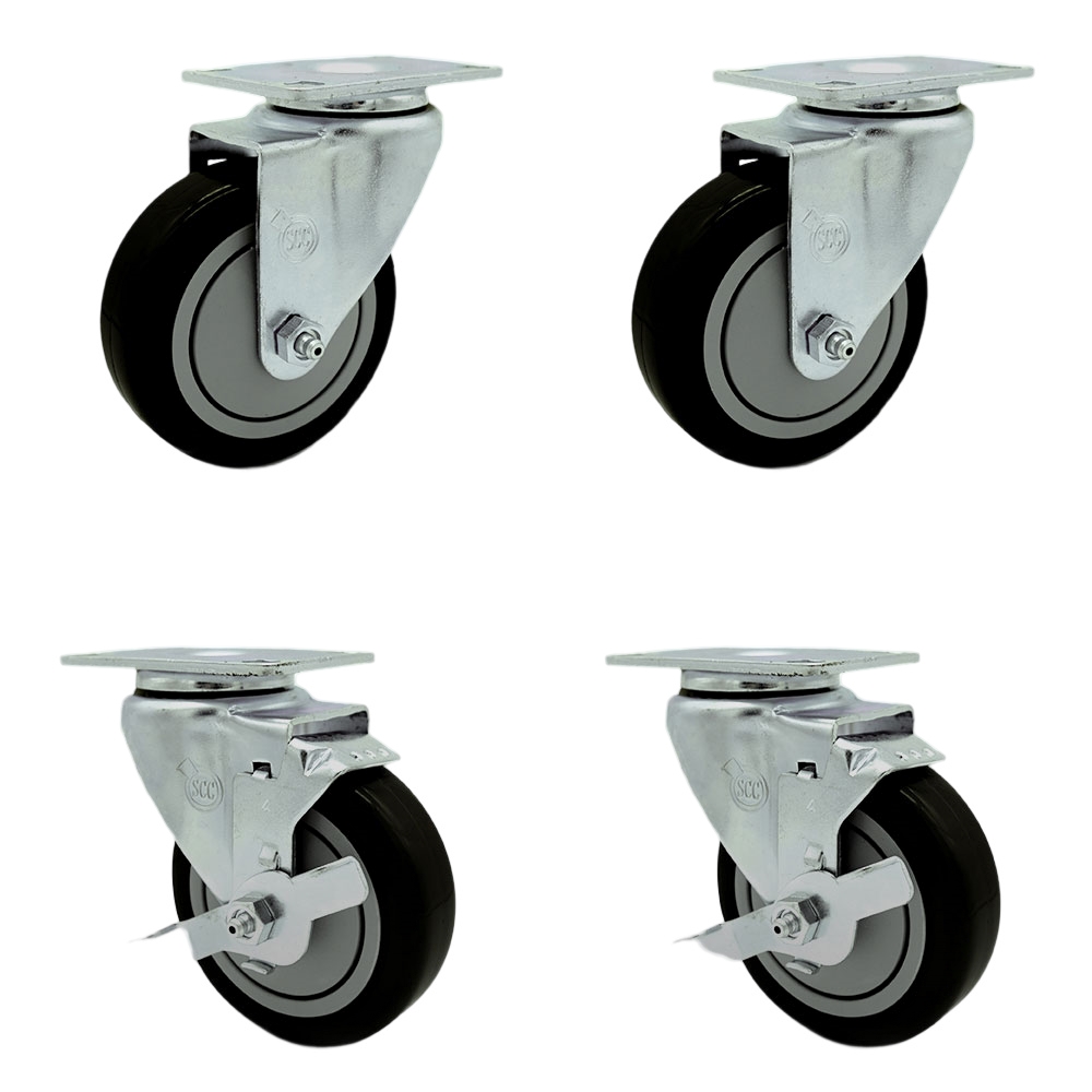 SCC-SS20S414-PPUB-BLK-2-TLB-2 Stainless Steel Polyurethane Swivel Top Plate Caster with 4 x 1.25 in. Black Wheels - Set of 4