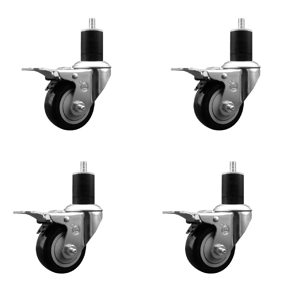 Stainless Steel Polyurethane Swivel Expanding Stem Caster with 3 in. Black & 1.75 in. Stems 4 Swivel with Total Locking Brakes - Set of 4