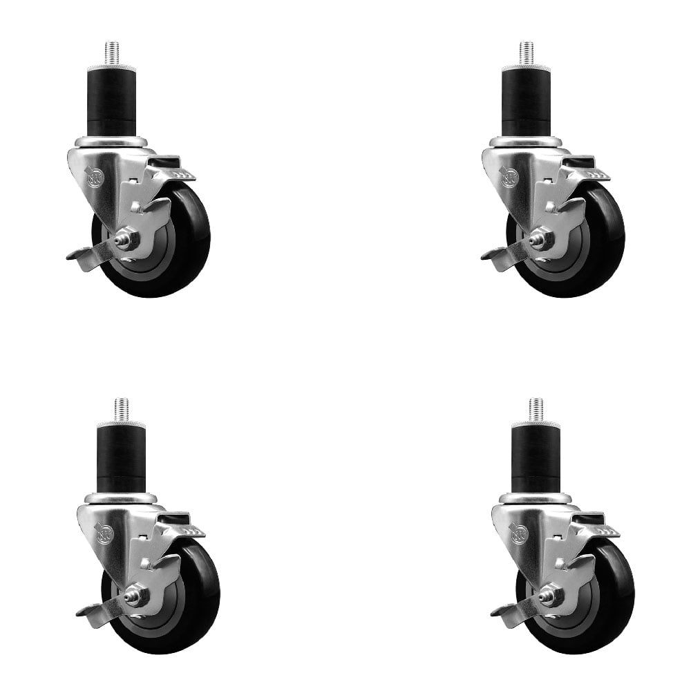 Stainless Steel Polyurethane Swivel Expanding Stem Caster with 3.5 in. Black & 1.75 in. Stems 4 Swivel with Top Locking Brakes - Set of 4