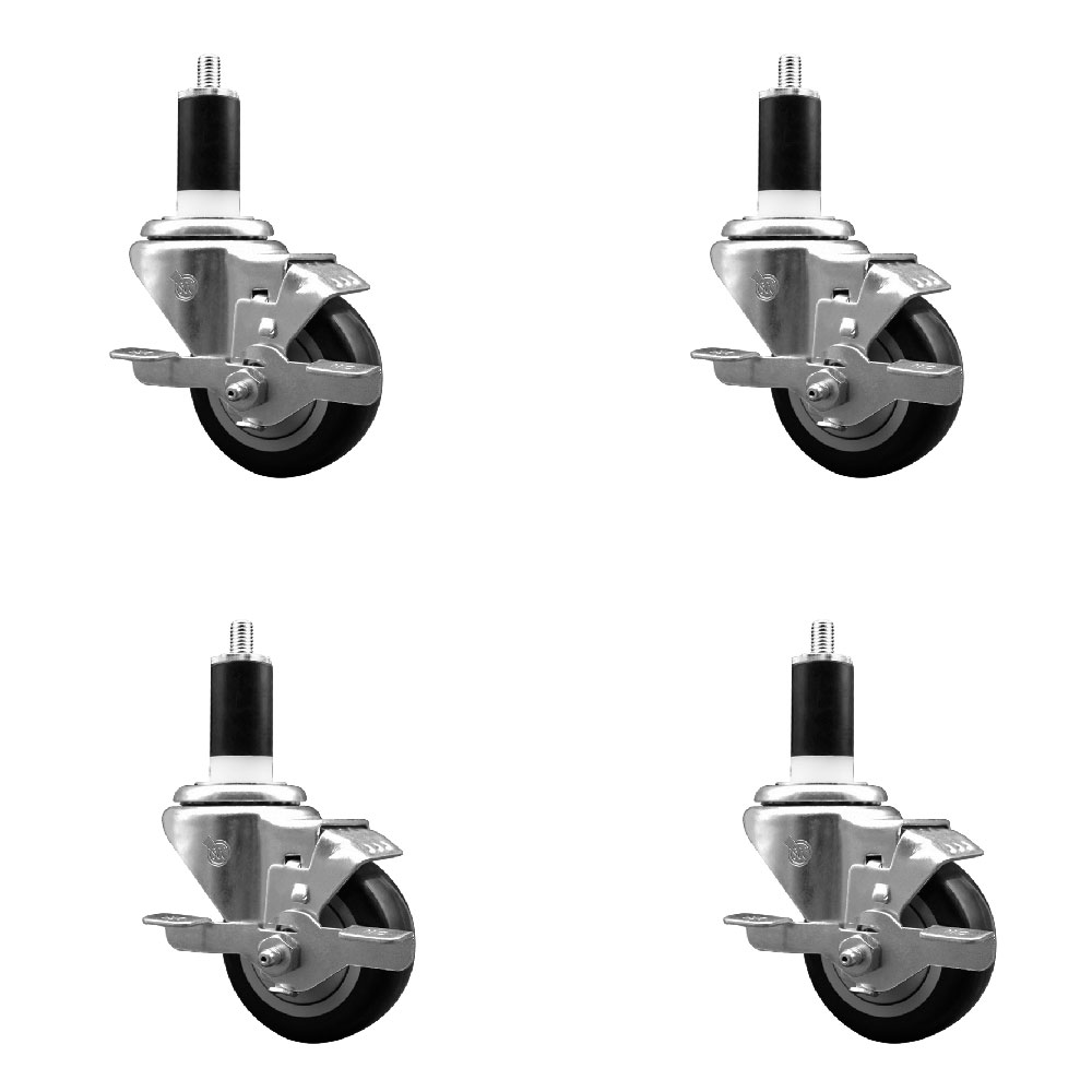 Stainless Steel Polyurethane Swivel Expanding Stem Caster with 3 in. Black Wheels & 1.38 in. Stems 4 Swivel - Set of 4