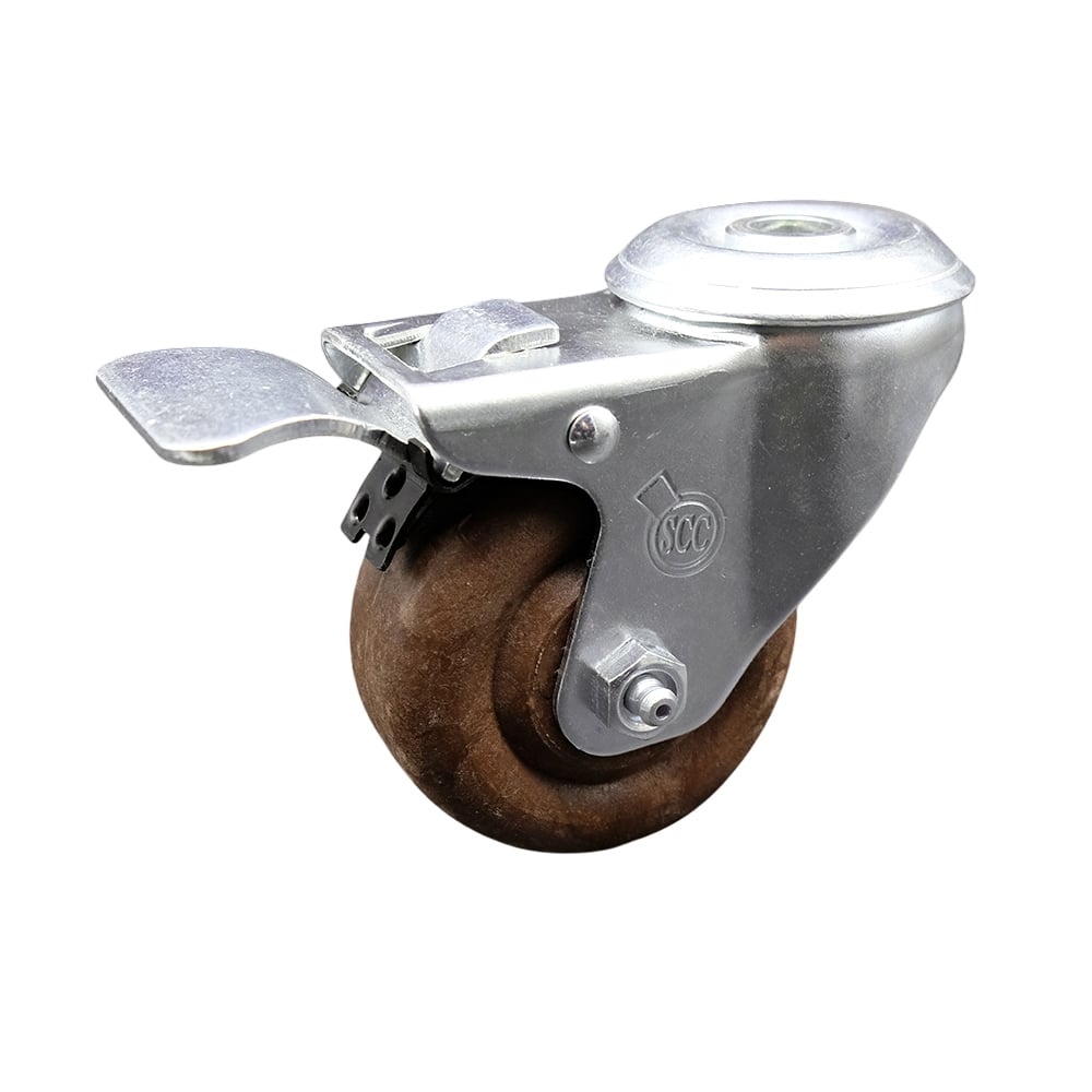 Stainless Steel High Temperature Glass Filled Nylon Swivel Bolt Hole Caster with 3 x 1.25 in. Brown Wheel & Total Locking Brake