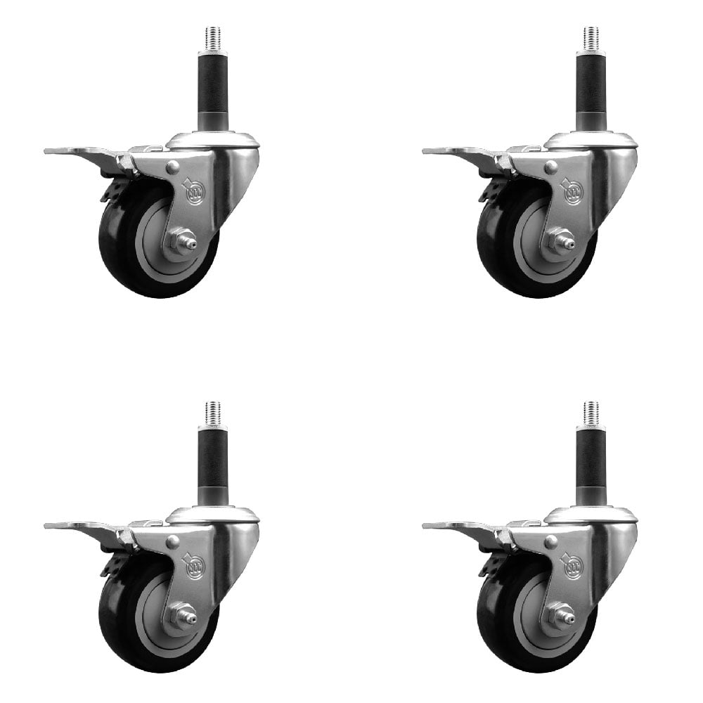 Stainless Steel Polyurethane Swivel Expanding Stem Caster with 3 in. Black Wheels & 1 in. Stems 4 Swivel with Total Locking Brakes - Set of 4