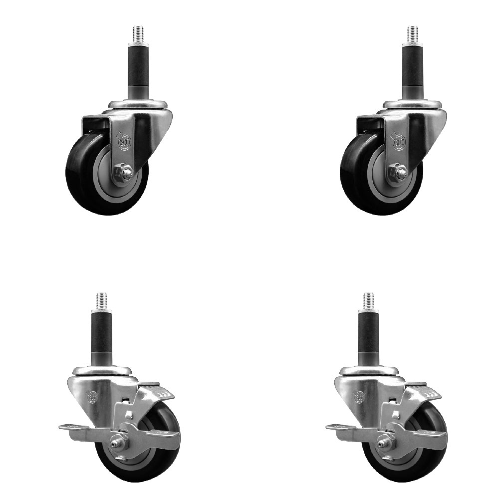 SCC-SSEX20S314-PPUB-BLK-2-TLB-2-1 Stainless Steel Polyurethane Swivel Expanding Stem Caster with 3 in. Black Wheels & 1 in. Stems - Set of 4