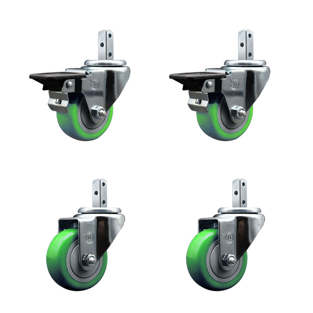 Swivel Square Stem Caster with 3 x 1.25 in. Green Poly Wheel, 0.87 x 2 in. Square Stem with 3 0.26 in. Diameter Mounting Holes - Set of 4