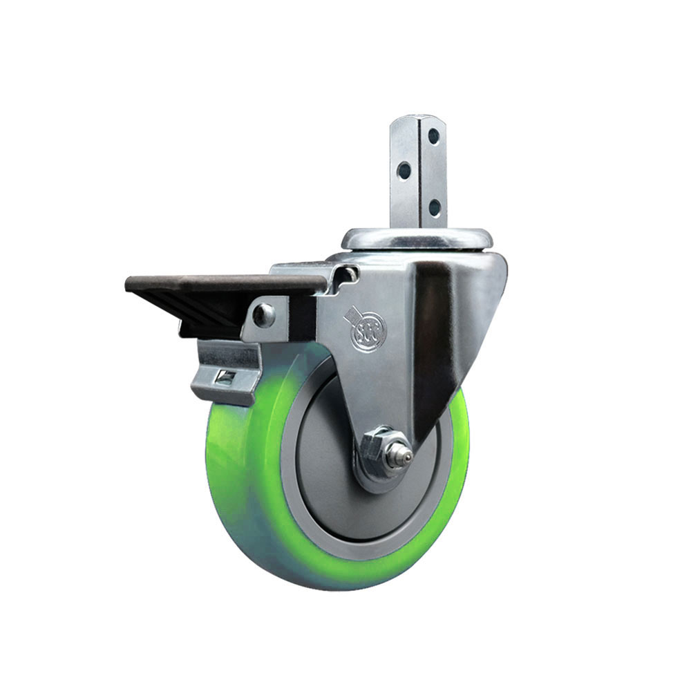 Swivel Square Stem Caster with 4 x 1.25 in. Green Polyurethane Wheel, with 3 0.26 in. Diameter Mounting Holes & Posi Lock Brakes