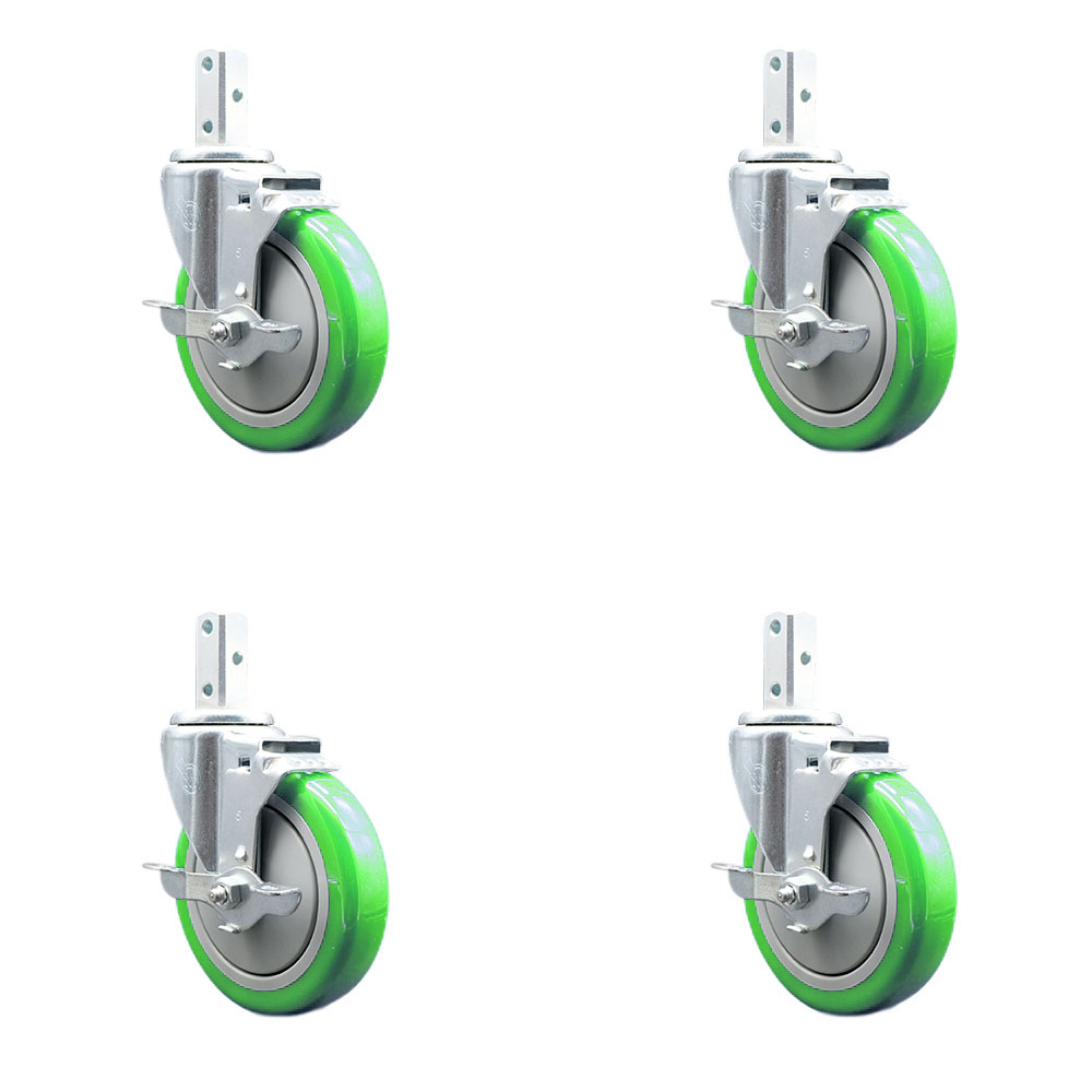 Swivel Square Stem Caster with 5 x 1.25 in. Green Poly Wheel, 0.87 x 2 in. Square Stem with 3 0.26 in. Diameter Mounting Holes - Set of 4