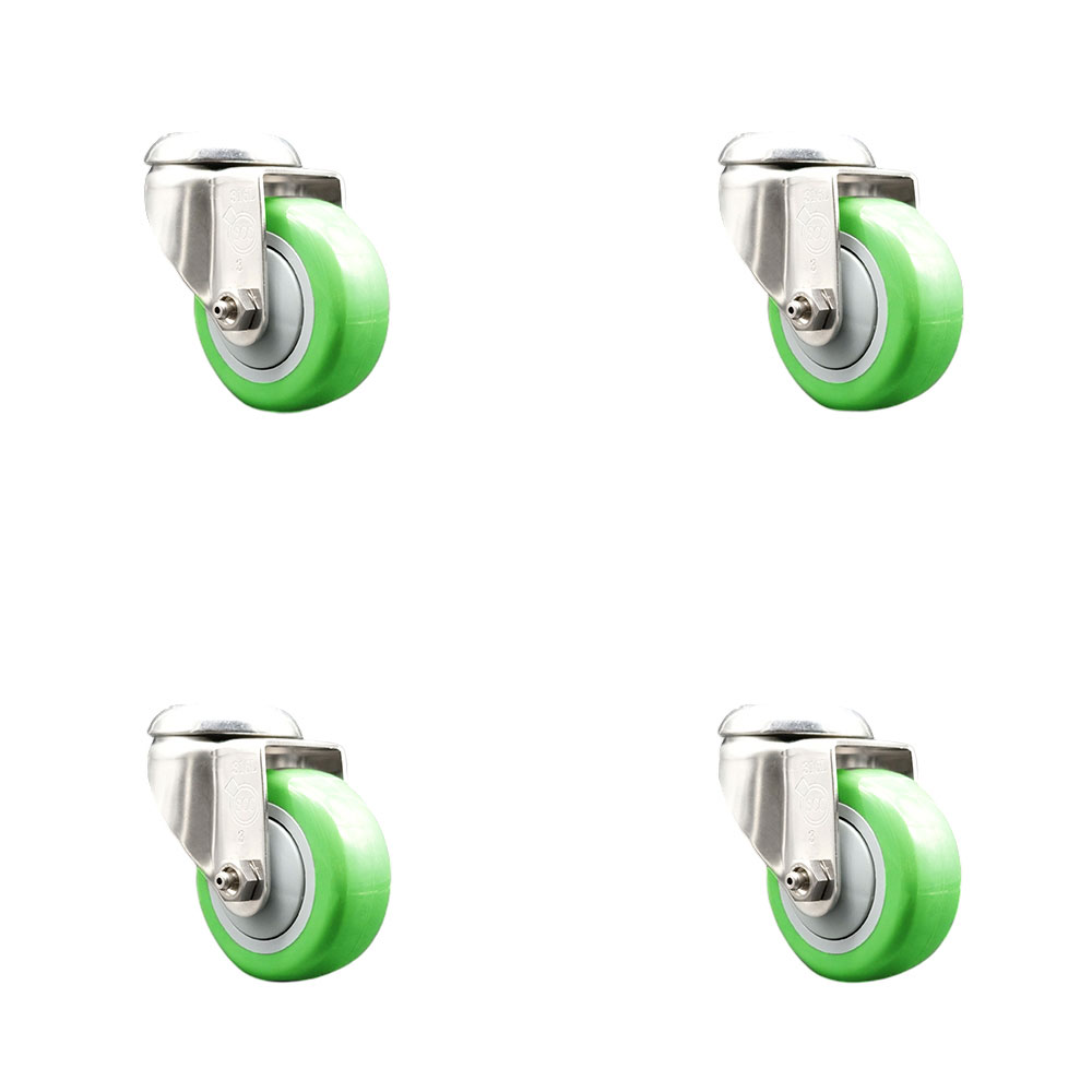 SCC-SS316BH20S3514-PPUB-GRN-4 Polyurethane Swivel Bolt Hole Caster with 3.5 in. Green Caster Wheels - 316 Stainless Steel Casters - Set of 4