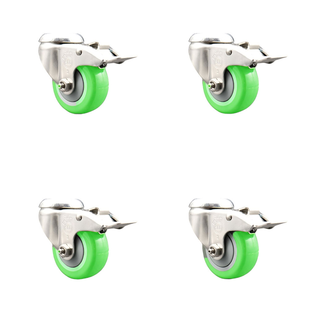 SCC-SS316BHTTL20S3514-PPUB-GRN-4 Polyurethane Swivel Bolt Hole Caster with 3.5 in. Green Caster Wheels - 316 Stainless Steel Caster - Set of 4