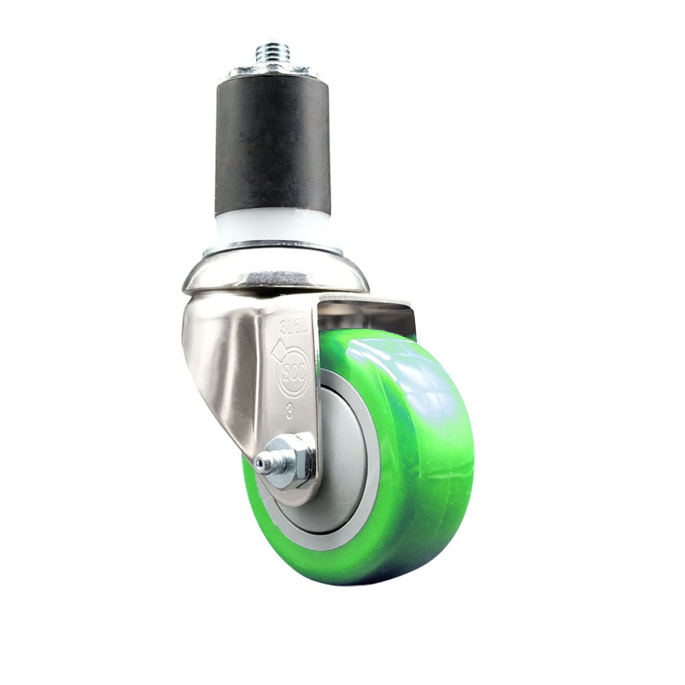 Polyurethane Swivel Stem Caster with 3 in. Green Caster Wheels, 1.75 in. Expanding Stem - 316 Stainless Steel Caster