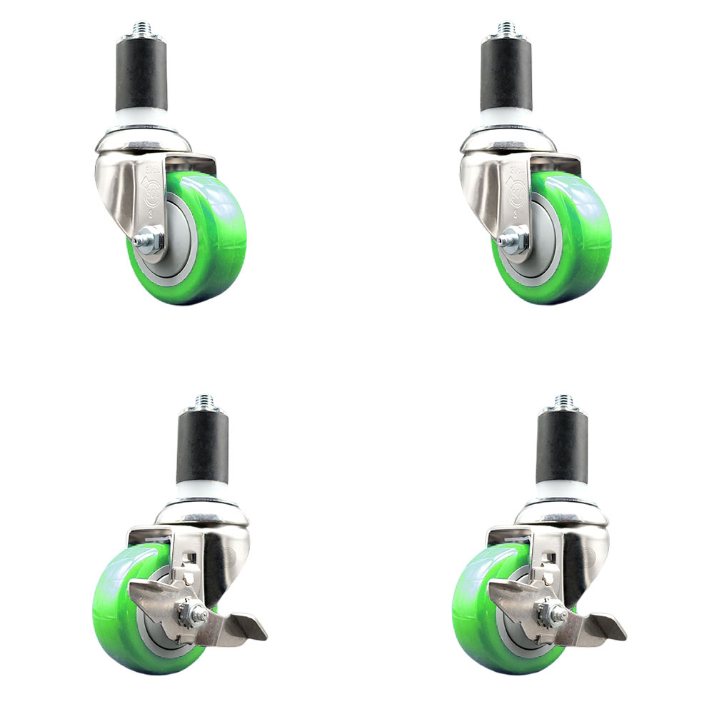 Polyurethane Swivel Stem Caster with 3 in. Green Caster Wheels, 1.5 in. Expanding Stems - 316 Stainless Steel Casters - Set of 4