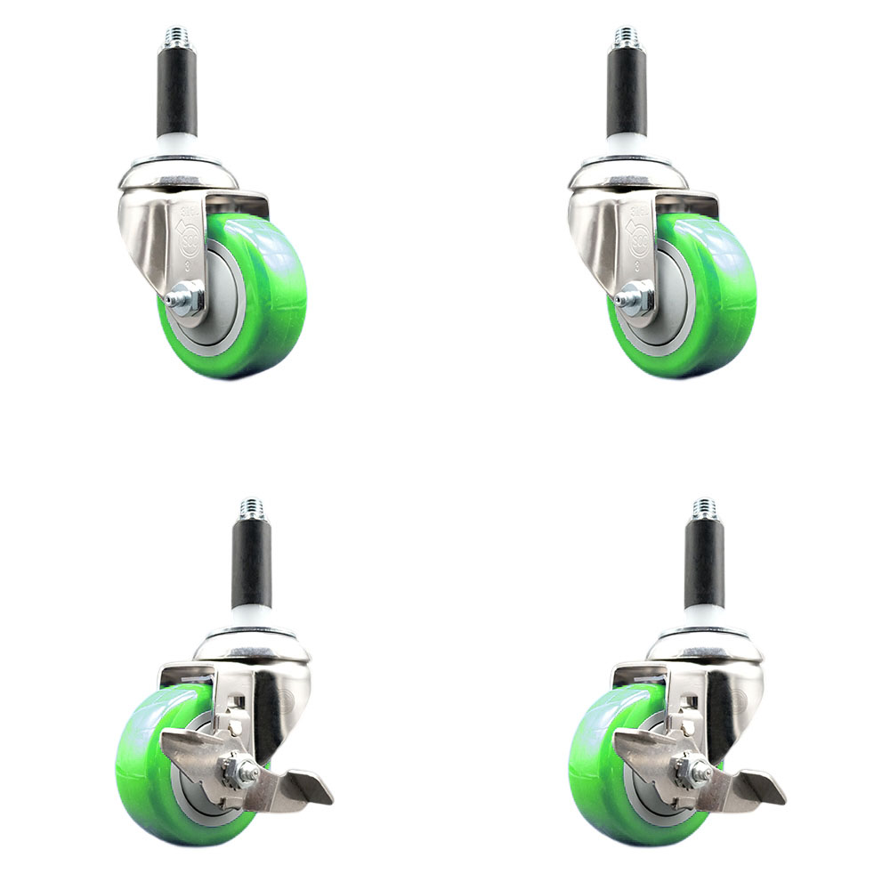 Polyurethane Swivel Stem Caster with 3 in. Green Caster Wheels, 0.87 in. Expanding Stems - 316 Stainless Steel Casters - Set of 4