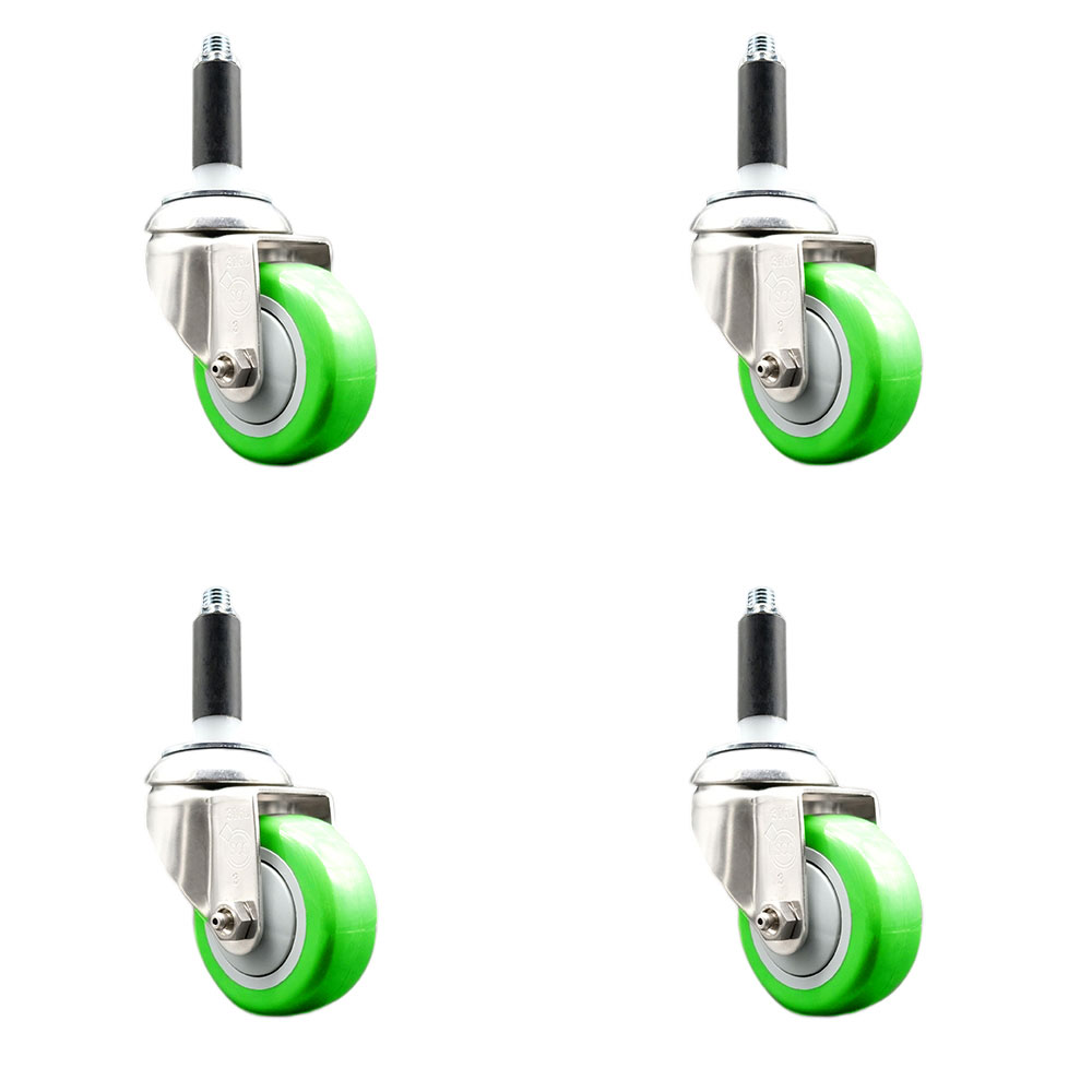 Polyurethane Swivel Stem Caster with 3.5 in. Green Caster Wheels, 0.87 in. Expanding Stems - 316 Stainless Steel Casters - Set of 4