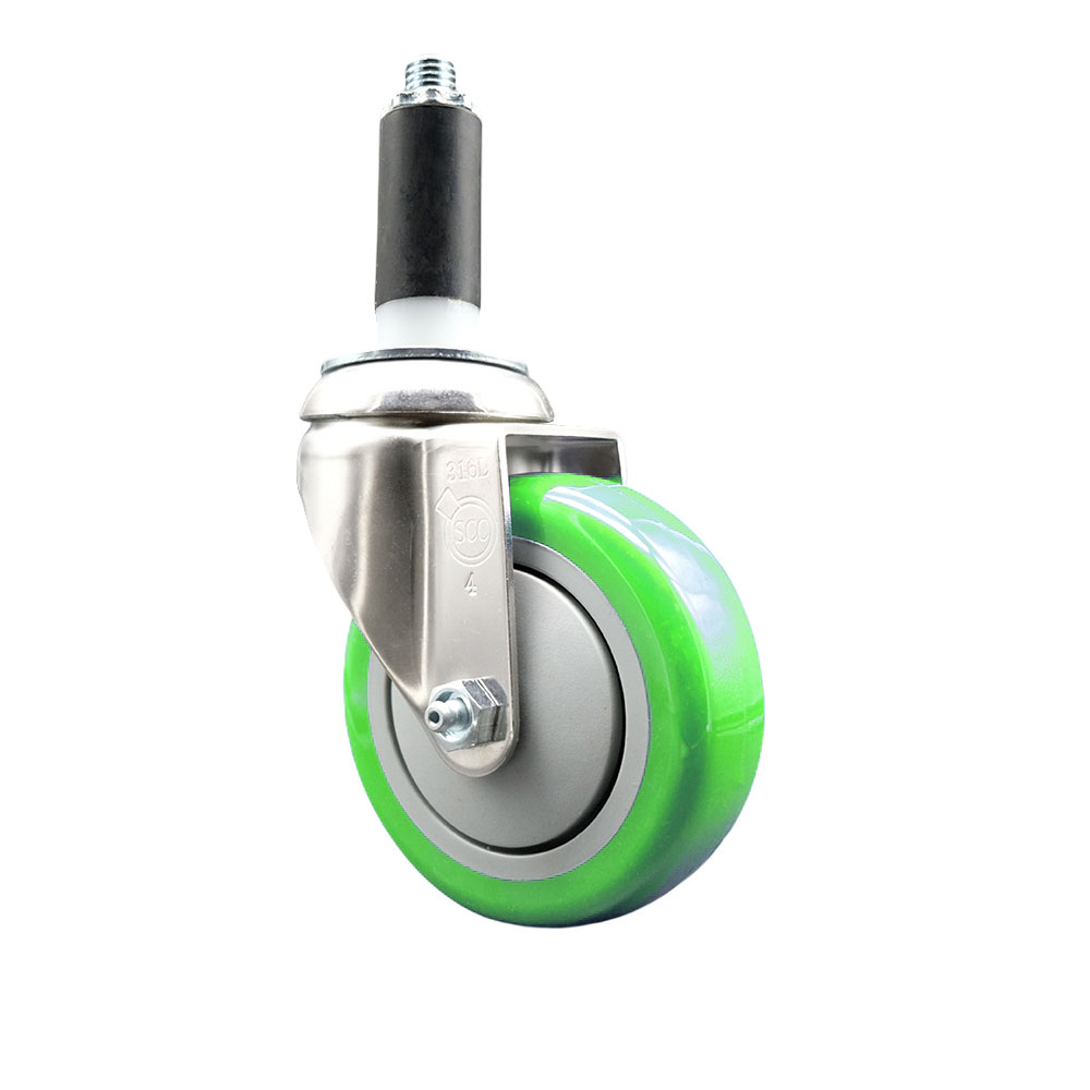 Polyurethane Swivel Stem Caster with 4 in. Green Caster Wheels, 1.13 in. Expanding Stem - 316 Stainless Steel Caster