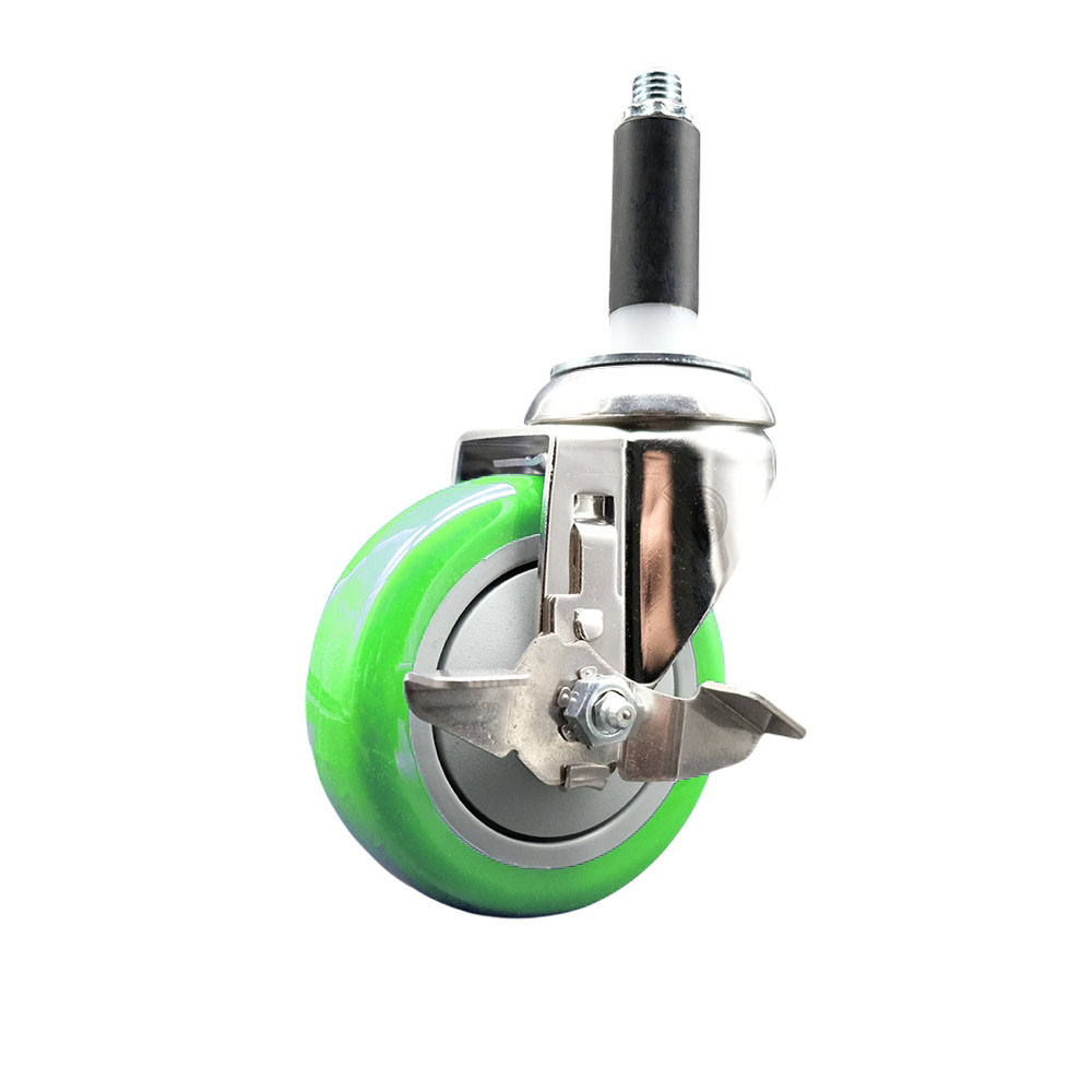 Polyurethane Swivel Stem Caster with 4 in. Green Caster Wheels & Top Lock Brake, 0.87 in. Expanding Stem - 316 Stainless Steel Caster