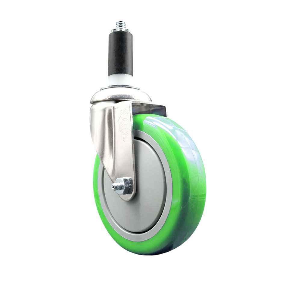 Polyurethane Swivel Stem Caster with 5 in. Green Caster Wheels, 1.25 in. Expanding Stem - 316 Stainless Steel Caster