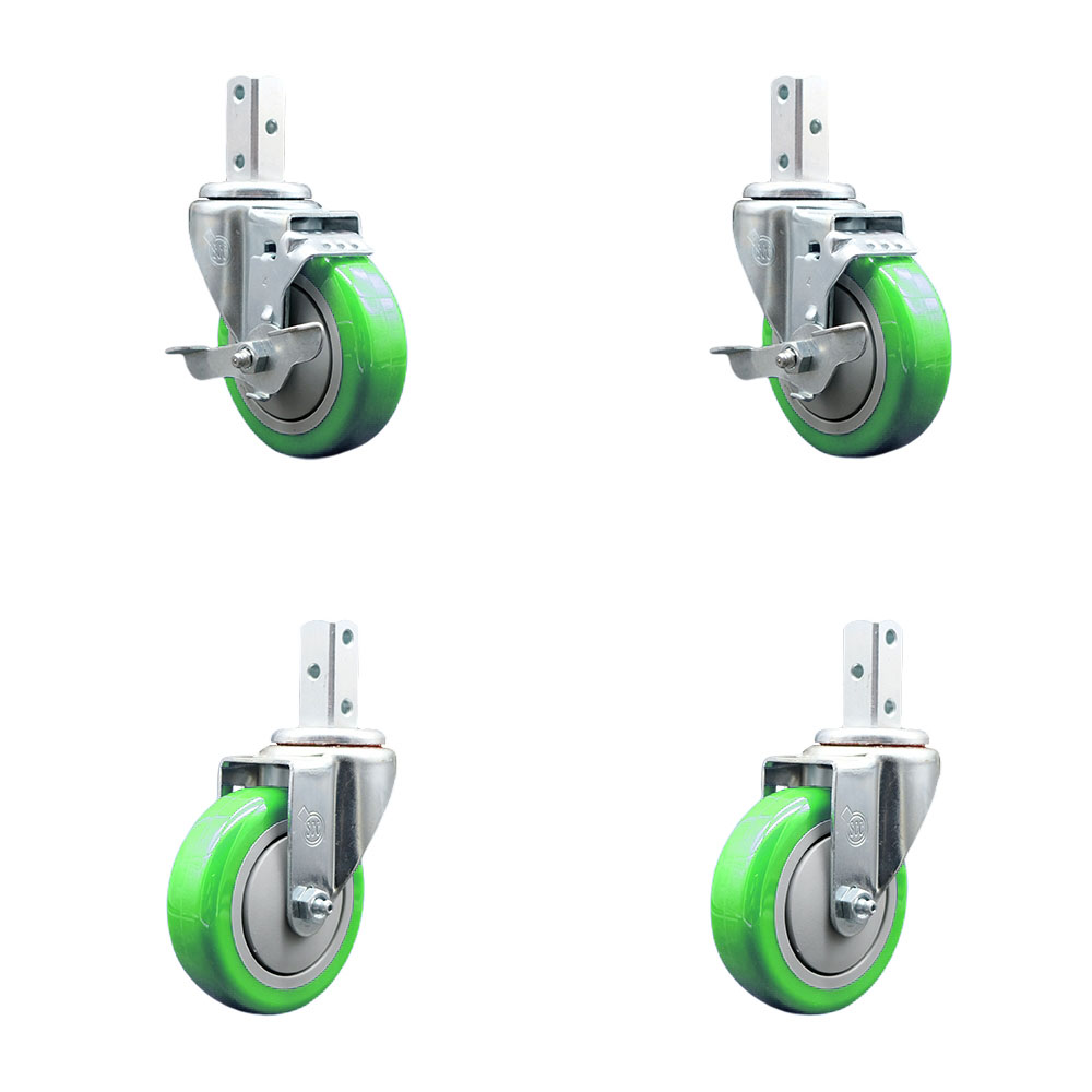 Swivel Square Stem Caster with 4 x 1.25 in. Green Poly Wheel, 0.75 x 2 in. Square Stem with 3 0.26 in. Diameter Mounting Holes - Set of 4