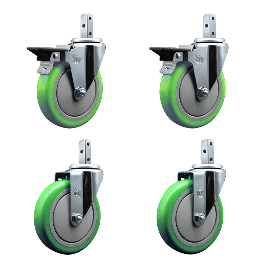 Swivel Square Stem Caster with 5 x 1.25 in. Green Poly Wheel, 0.75 x 2 in. Square Stem with 3 0.26 in. Diameter Mounting Holes - Set of 4