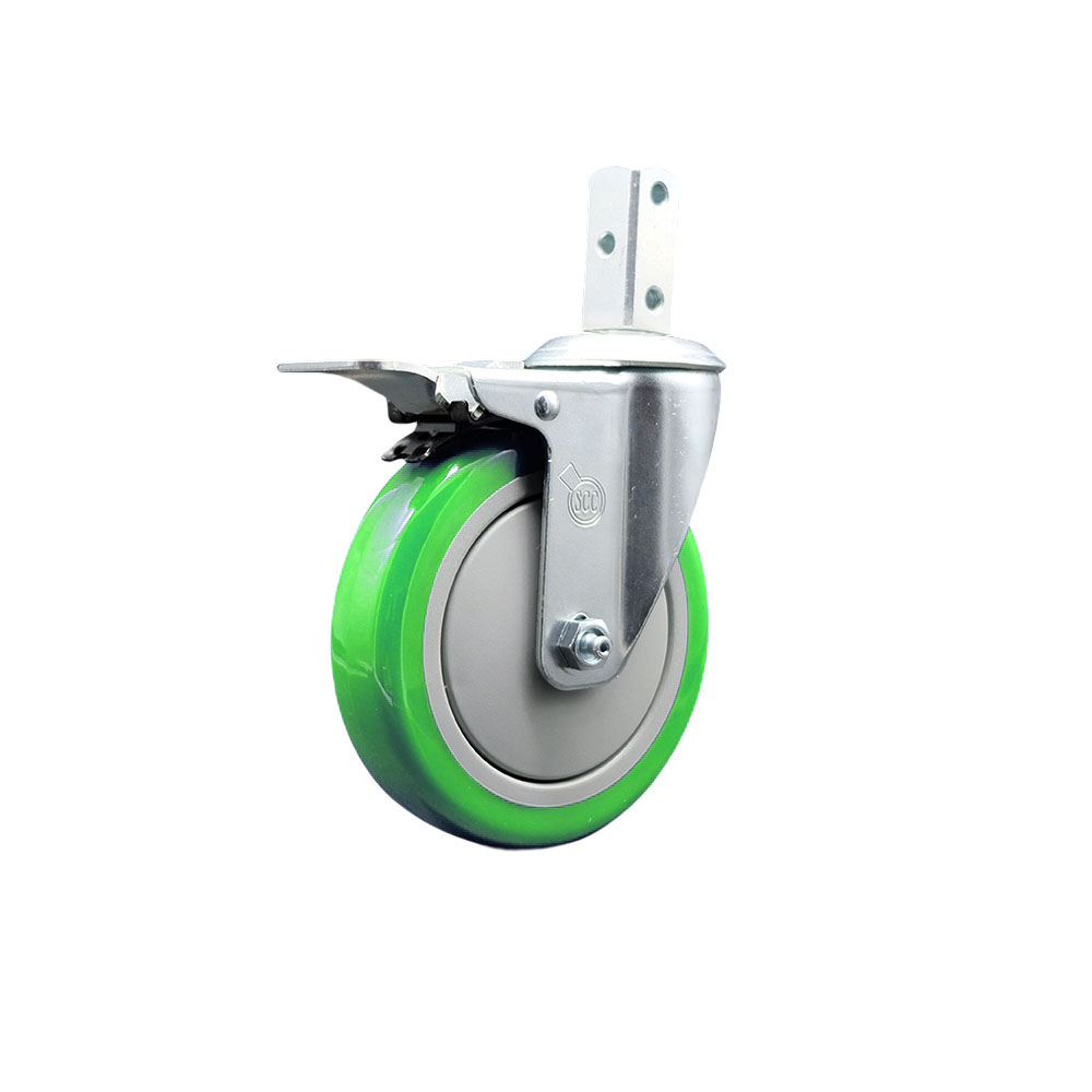 Swivel Square Stem Caster with 5 x 1.25 in. Green Polyurethane Wheel, with 3 0.26 in. Diameter Mounting Holes & Total Lock Brakes