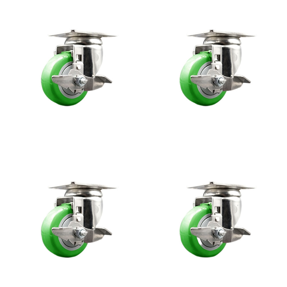 SCC-SS31620S3514-PPUB-GRN-TLB-4 Polyurethane Swivel Top Plate Caster with 3.5 in. 316 Stainless Steel Green Wheels - Set of 4