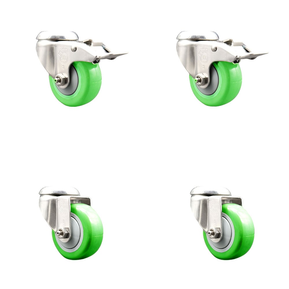 SCC-SS316BHTTL20S3514-PPUB-GRN-2-S-2 Polyurethane Swivel Bolt Hole Caster with 3.5 in. Green Caster Wheels - 316 Stainless Steel Casters - Set of 4