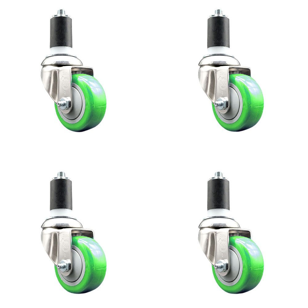 Polyurethane Swivel Stem Caster with 3 in. Green Caster Wheels, 1.5 in. Expanding Stems - 316 Stainless Steel Casters - Set of 4