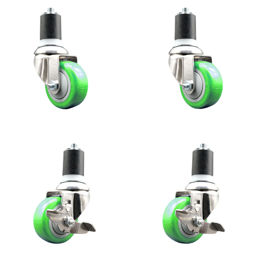 Polyurethane Swivel Stem Caster with 3 in. Green Caster Wheels, 1.75 in. Expanding Stems - 316 Stainless Steel Casters - Set of 4