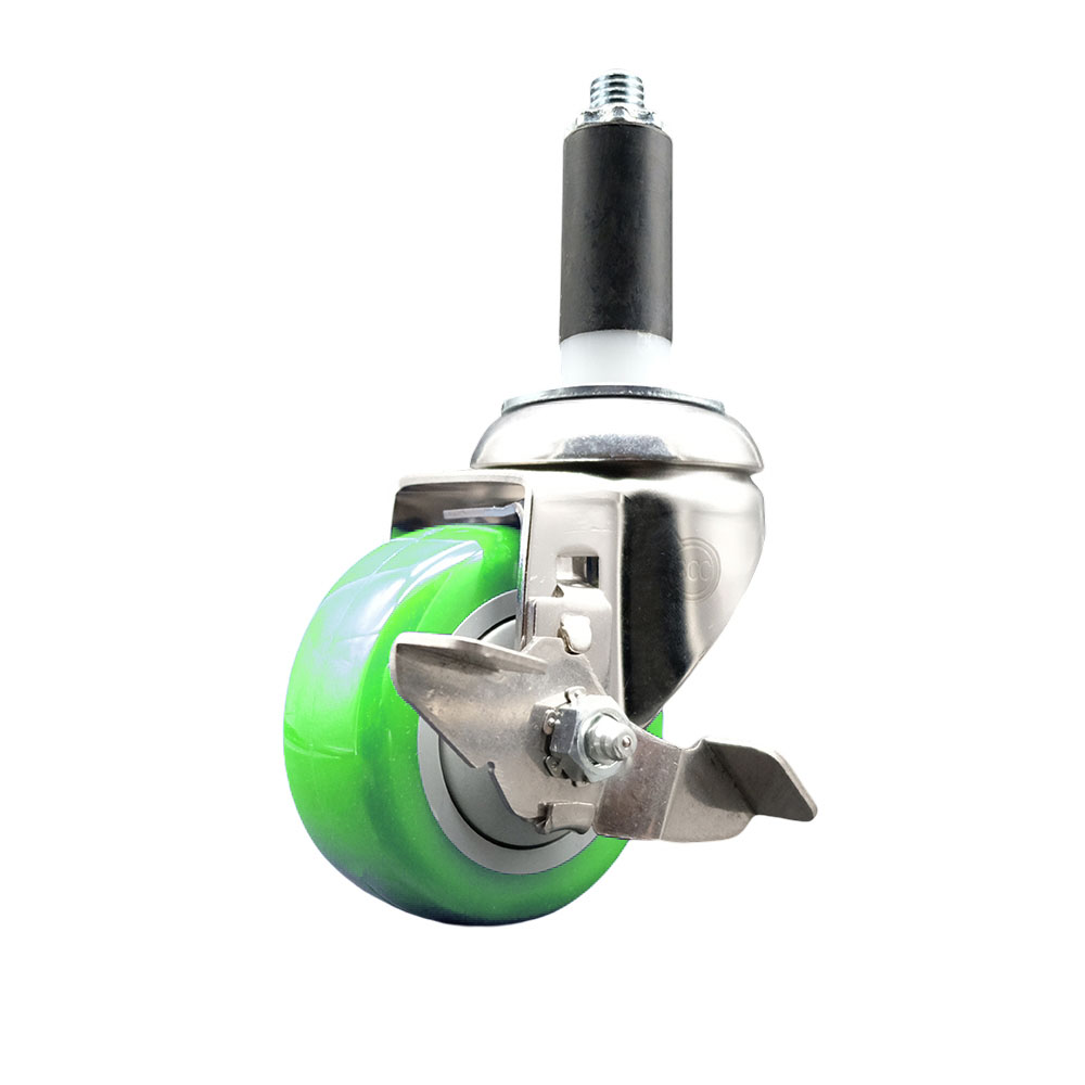 Polyurethane Swivel Stem Caster with 3 in. Green Caster Wheels & Top Lock Brake, 1.13 in. Expanding Stem - 316 Stainless Steel Caster