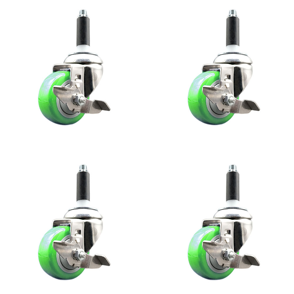 Polyurethane Swivel Stem Caster with 3 in. Green Caster Wheels, 0.87 in. Expanding Stems - 316 Stainless Steel Casters - Set of 4