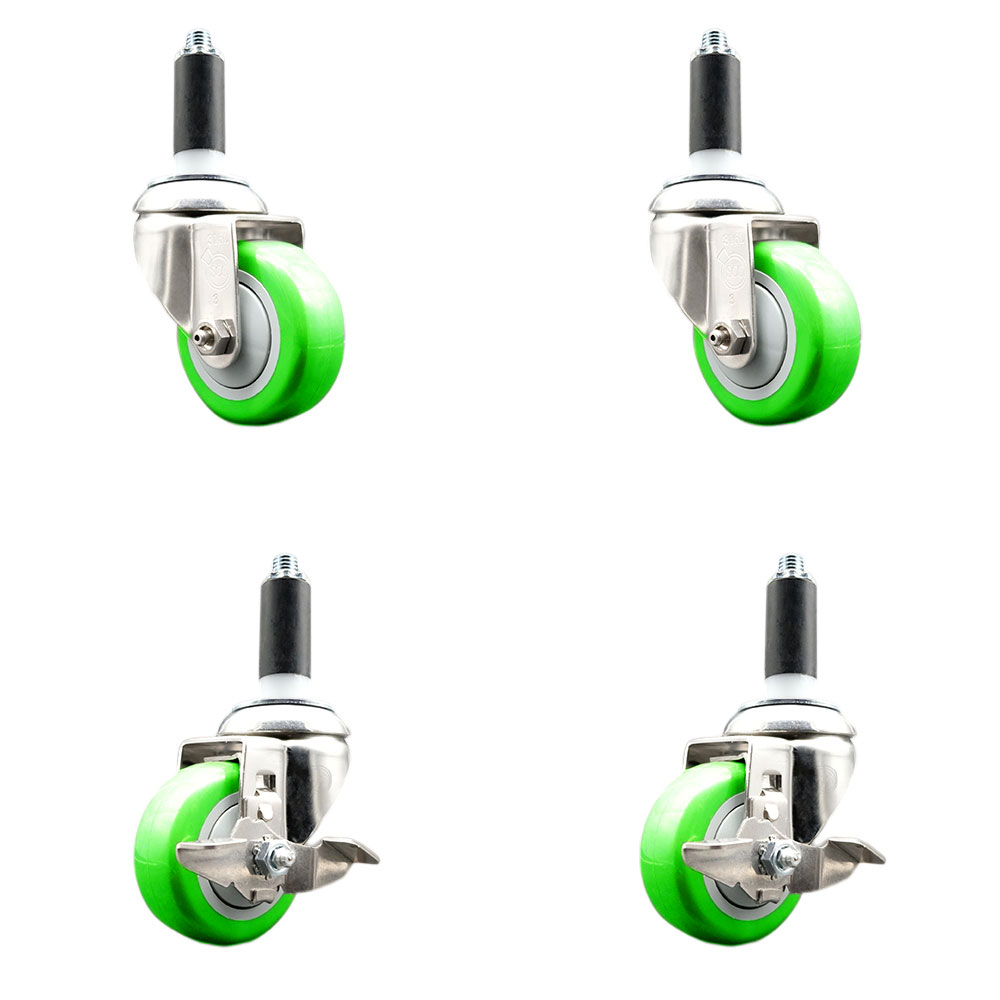 Polyurethane Swivel Stem Caster with 3.5 in. Green Caster Wheels, 1 in. Expanding Stems - 316 Stainless Steel Casters - Set of 4