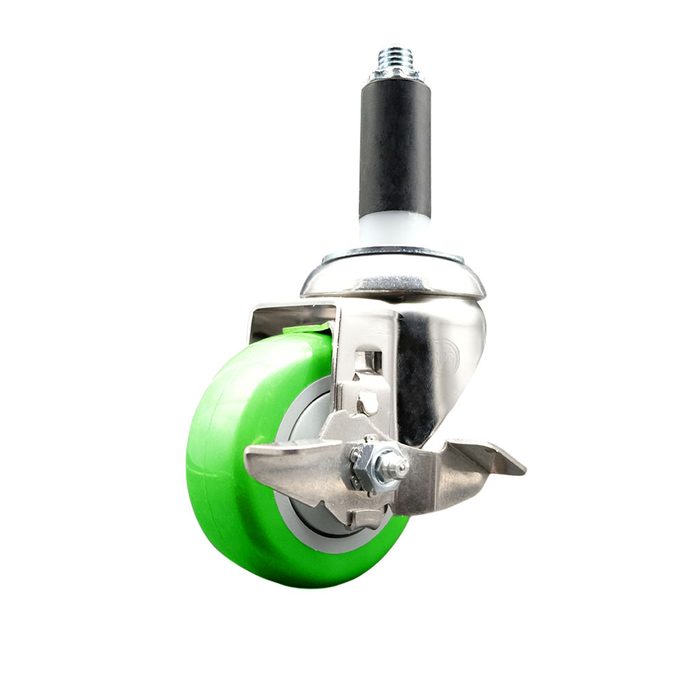 Polyurethane Swivel Stem Caster with 3.5 in. Green Caster Wheels & Top Lock Brake, 1 in. Expanding Stem - 316 Stainless Steel Caster