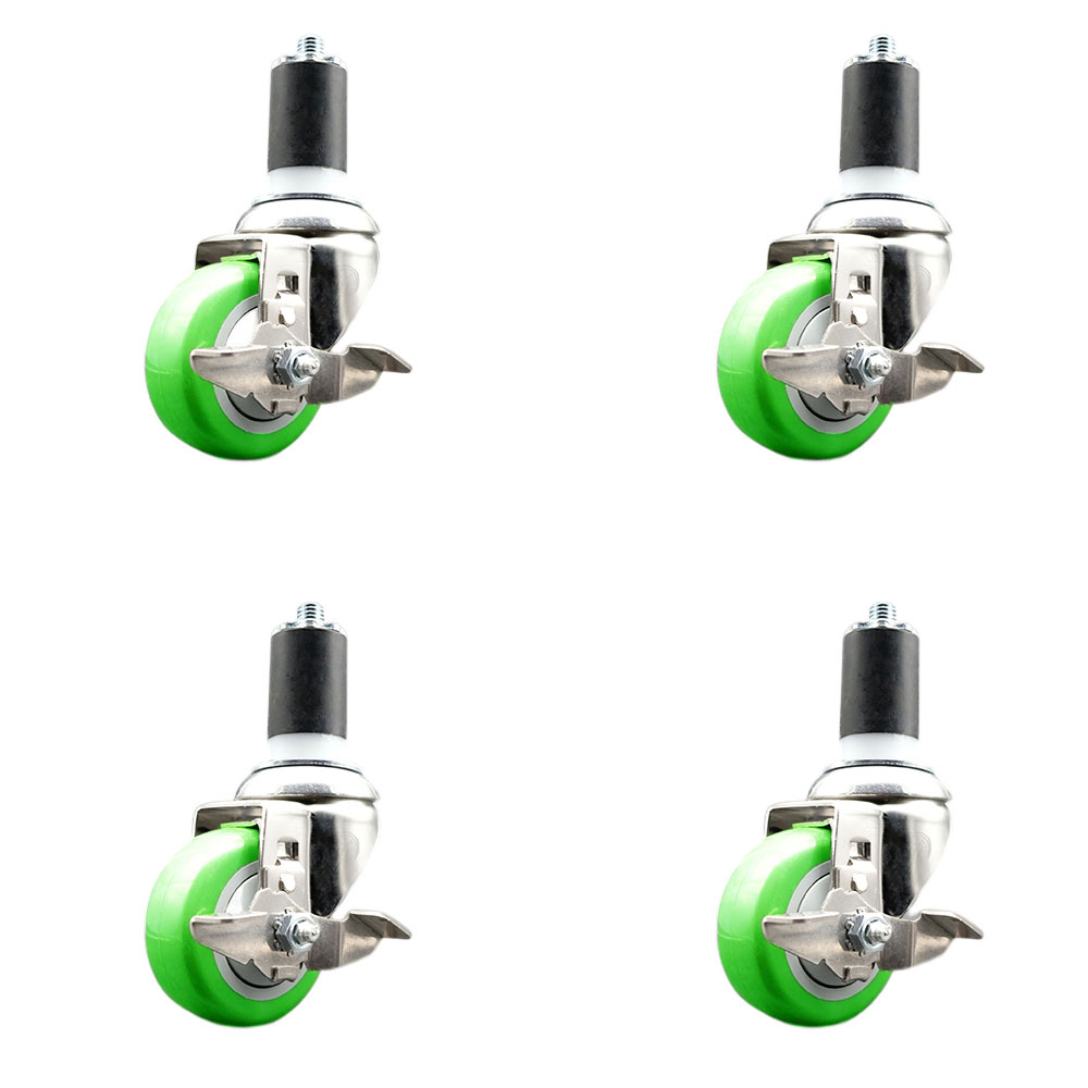 Polyurethane Swivel Stem Caster with 3.5 in. Green Caster Wheels, 1.5 in. Expanding Stems - 316 Stainless Steel Casters - Set of 4
