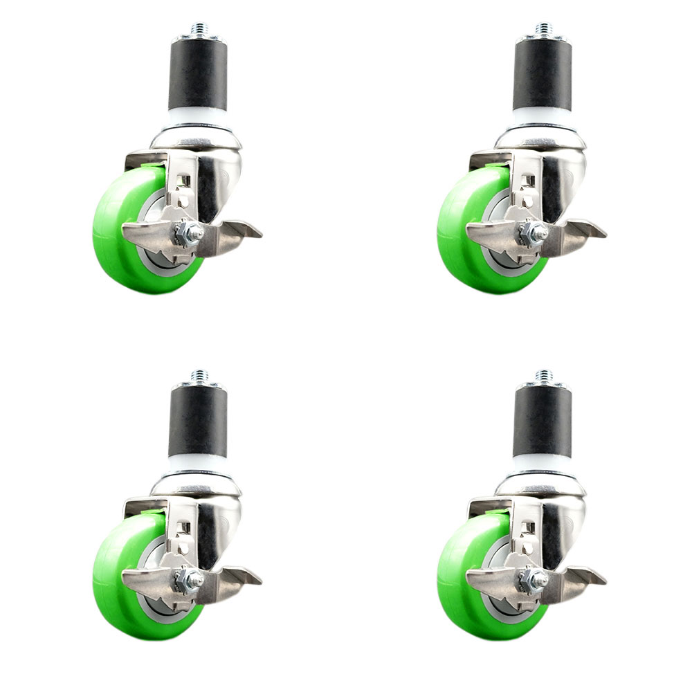 Polyurethane Swivel Stem Caster with 3.5 in. Green Caster Wheels, 1.87 in. Expanding Stems - 316 Stainless Steel Casters - Set of 4