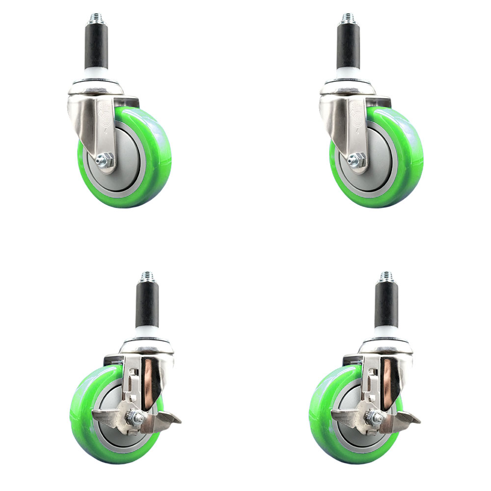 Polyurethane Swivel Stem Caster with 4 in. Green Caster Wheels, 1 in. Expanding Stems - 316 Stainless Steel Casters - Set of 4