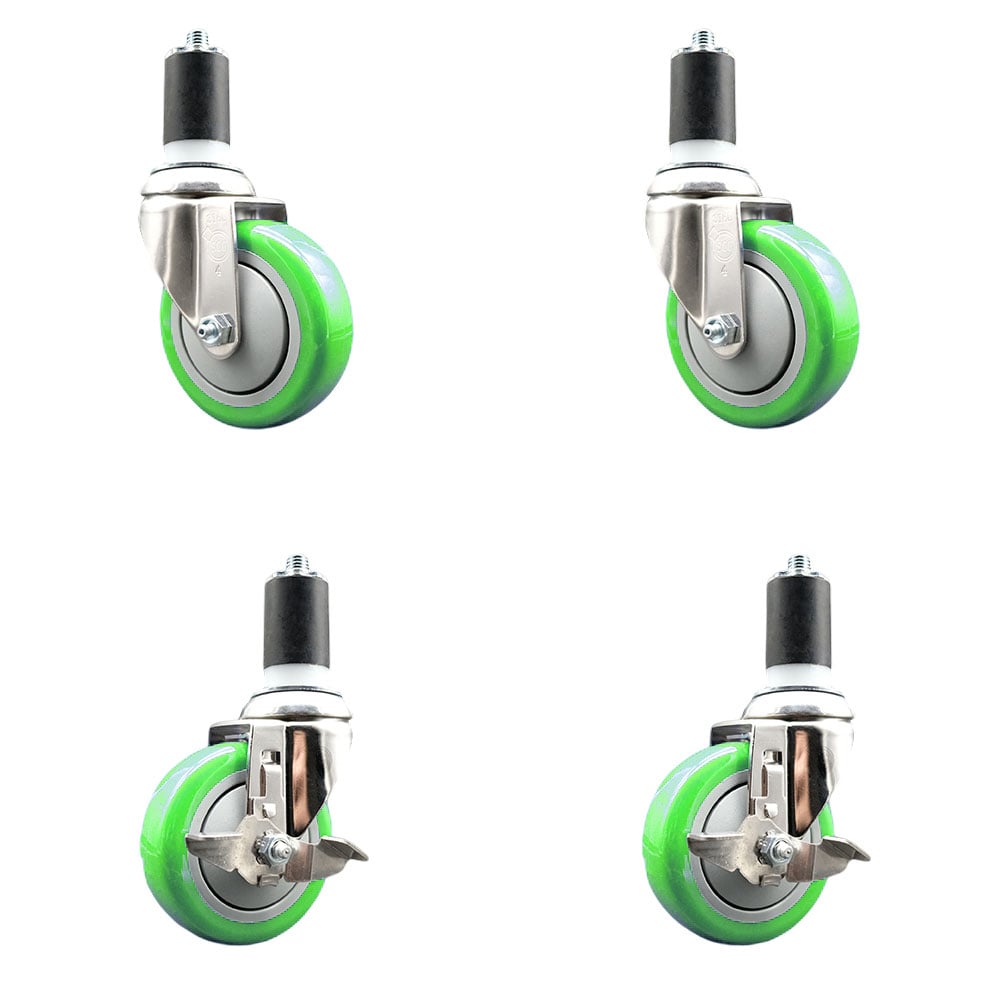 Polyurethane Swivel Stem Caster with 4 in. Green Caster Wheels, 1.63 in. Expanding Stems - 316 Stainless Steel Casters - Set of 4