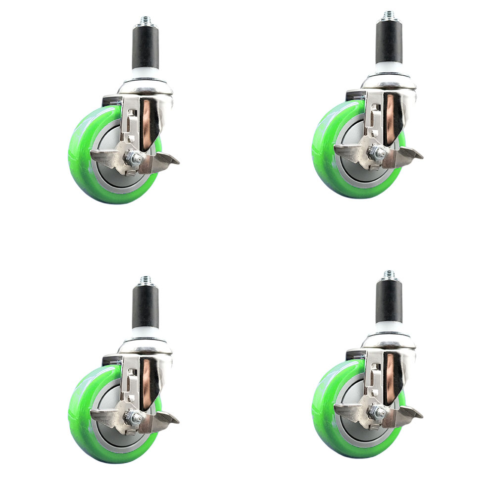 Polyurethane Swivel Stem Caster with 4 in. Green Caster Wheels, 1.25 in. Expanding Stems - 316 Stainless Steel Casters - Set of 4