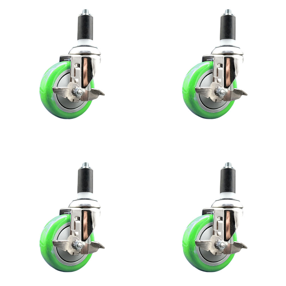 Polyurethane Swivel Stem Caster with 4 in. Green Caster Wheels, 1.38 in. Expanding Stems - 316 Stainless Steel Casters - Set of 4
