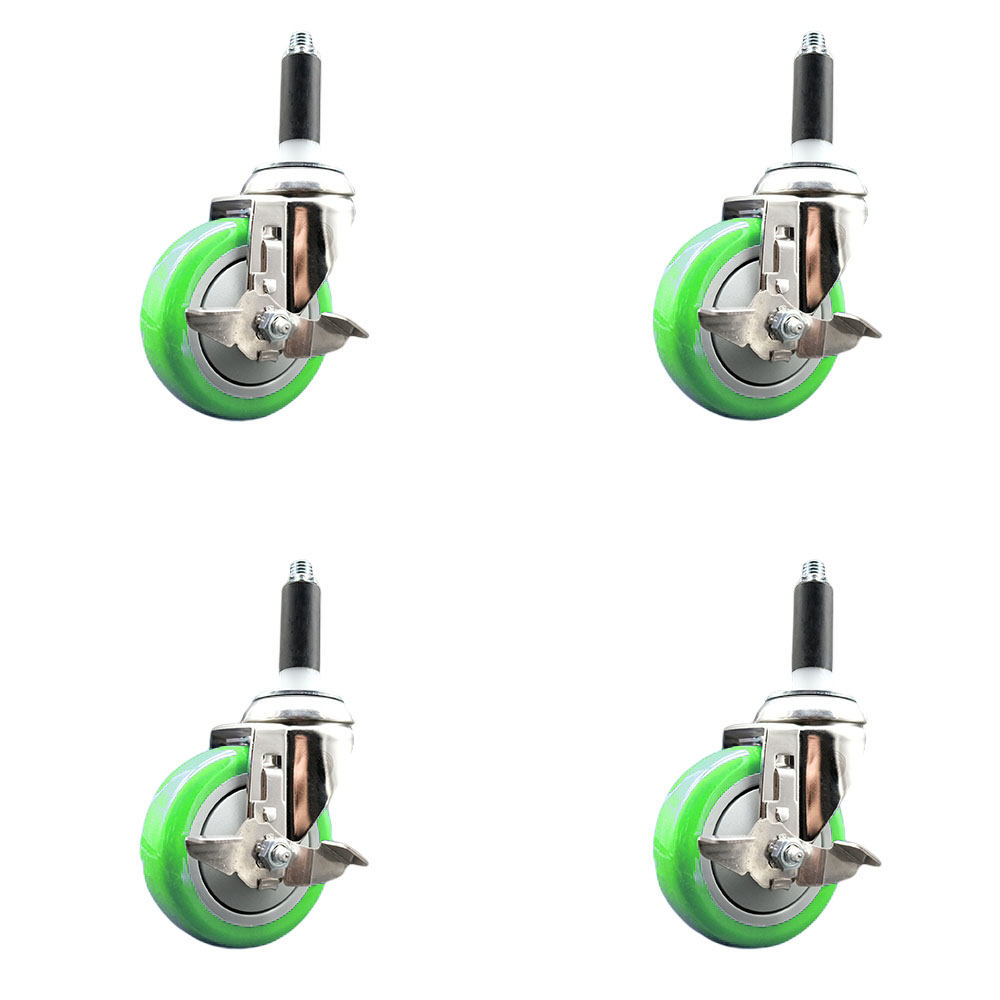 Polyurethane Swivel Stem Caster with 4 in. Green Caster Wheels, 0.75 in. Expanding Stems - 316 Stainless Steel Casters - Set of 4
