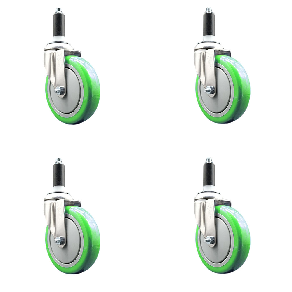 Polyurethane Swivel Stem Caster with 5 in. Green Caster Wheels, 1.13 in. Expanding Stems - 316 Stainless Steel Casters - Set of 4