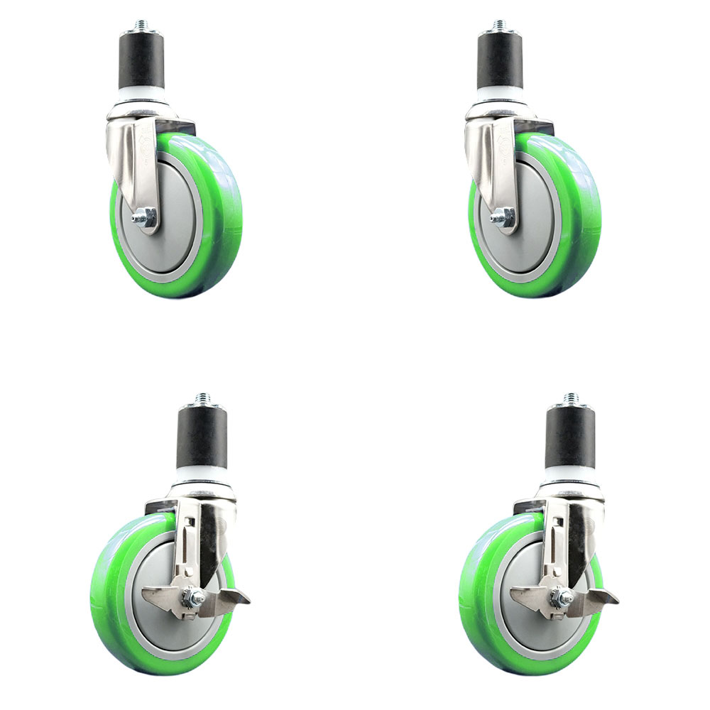 Polyurethane Swivel Stem Caster with 5 in. Green Caster Wheels, 1.75 in. Expanding Stems - 316 Stainless Steel Casters - Set of 4