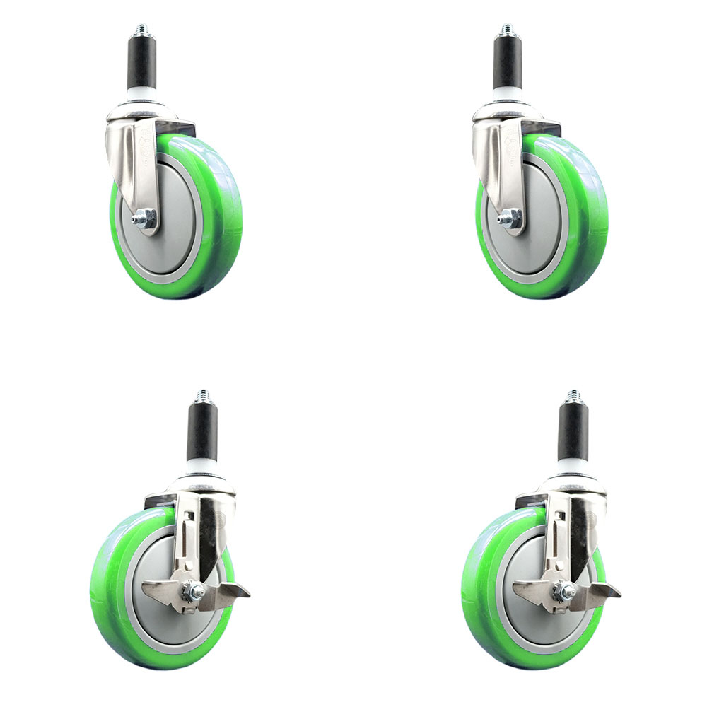 Polyurethane Swivel Stem Caster with 5 in. Green Caster Wheels, 1.38 in. Expanding Stems - 316 Stainless Steel Casters - Set of 4