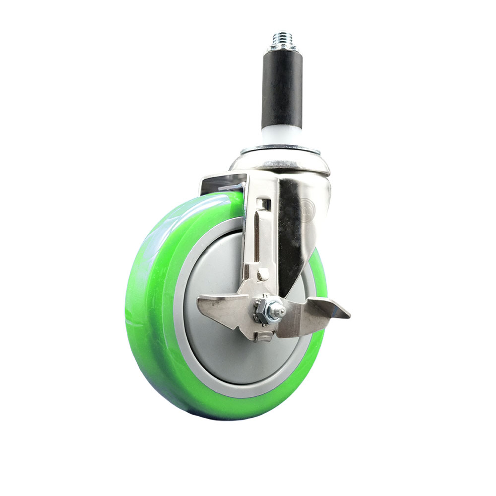 Polyurethane Swivel Stem Caster with 5 in. Green Caster Wheels & Top Lock Brake, 1 in. Expanding Stem - 316 Stainless Steel Caster