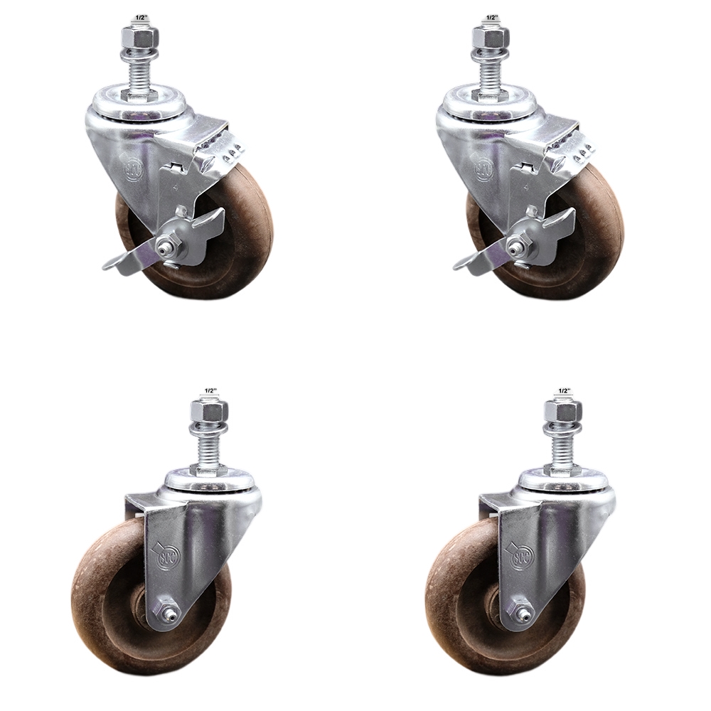 Stainless Steel High Temperature Glass Filled Nylon Swivel Threaded Stem Caster with 4 x 1.25 in. Brown Wheels & 0.5 in. Stems - Set of 4