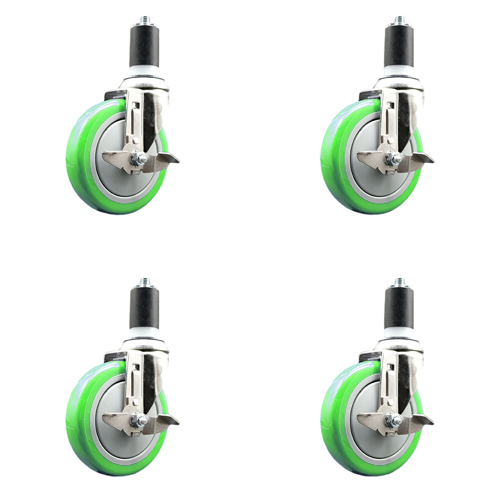 Polyurethane Swivel Stem Caster with 5 in. Green Caster Wheels, 1.5 in. Expanding Stems - 316 Stainless Steel Casters - Set of 4