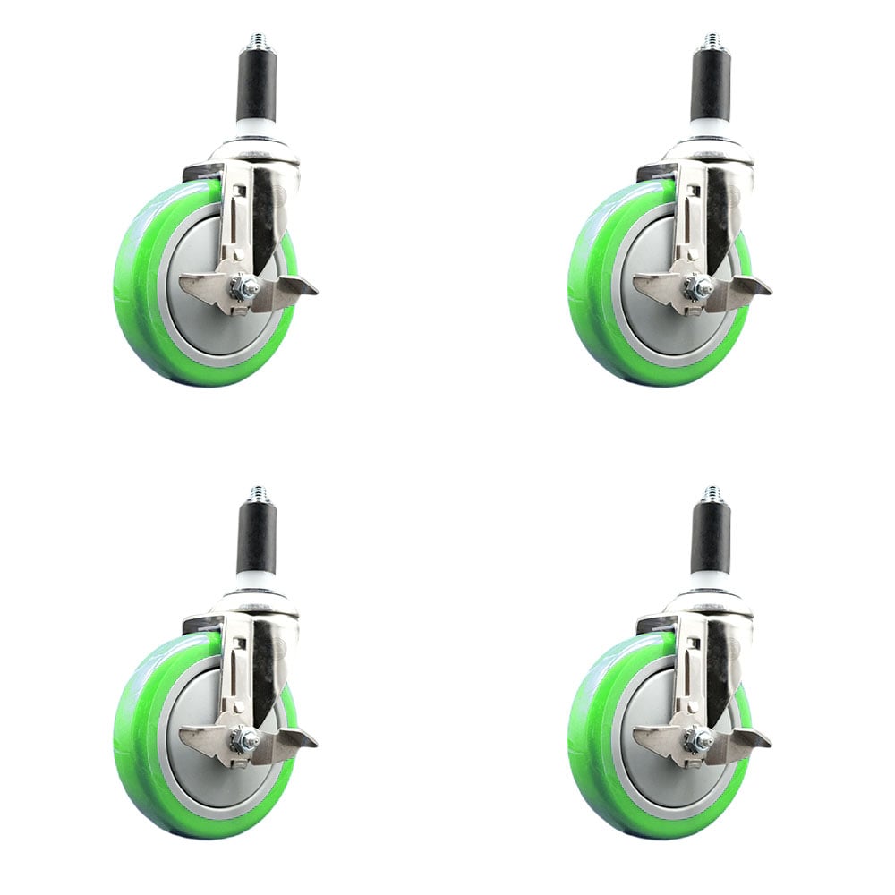 Polyurethane Swivel Stem Caster with 5 in. Green Caster Wheels, 1.25 in. Expanding Stems - 316 Stainless Steel Casters - Set of 4
