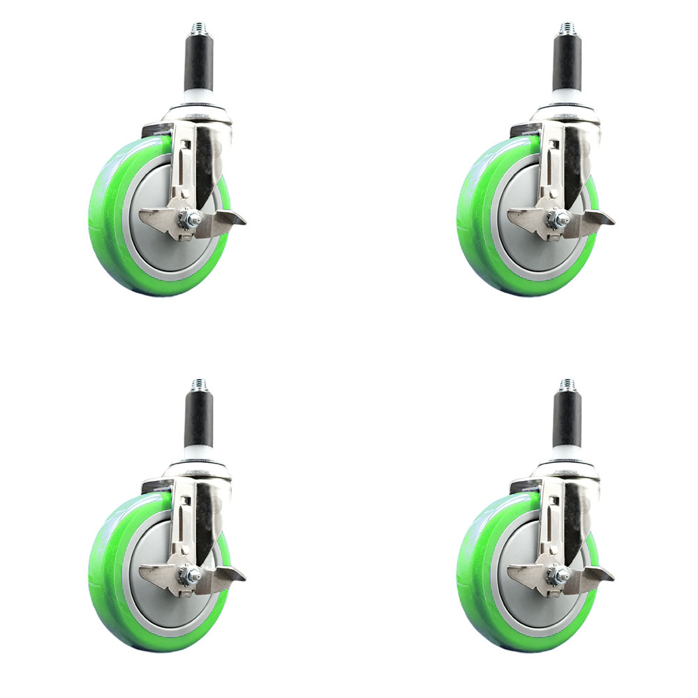 Polyurethane Swivel Stem Caster with 5 in. Green Caster Wheels, 1.13 in. Expanding Stems - 316 Stainless Steel Casters - Set of 4