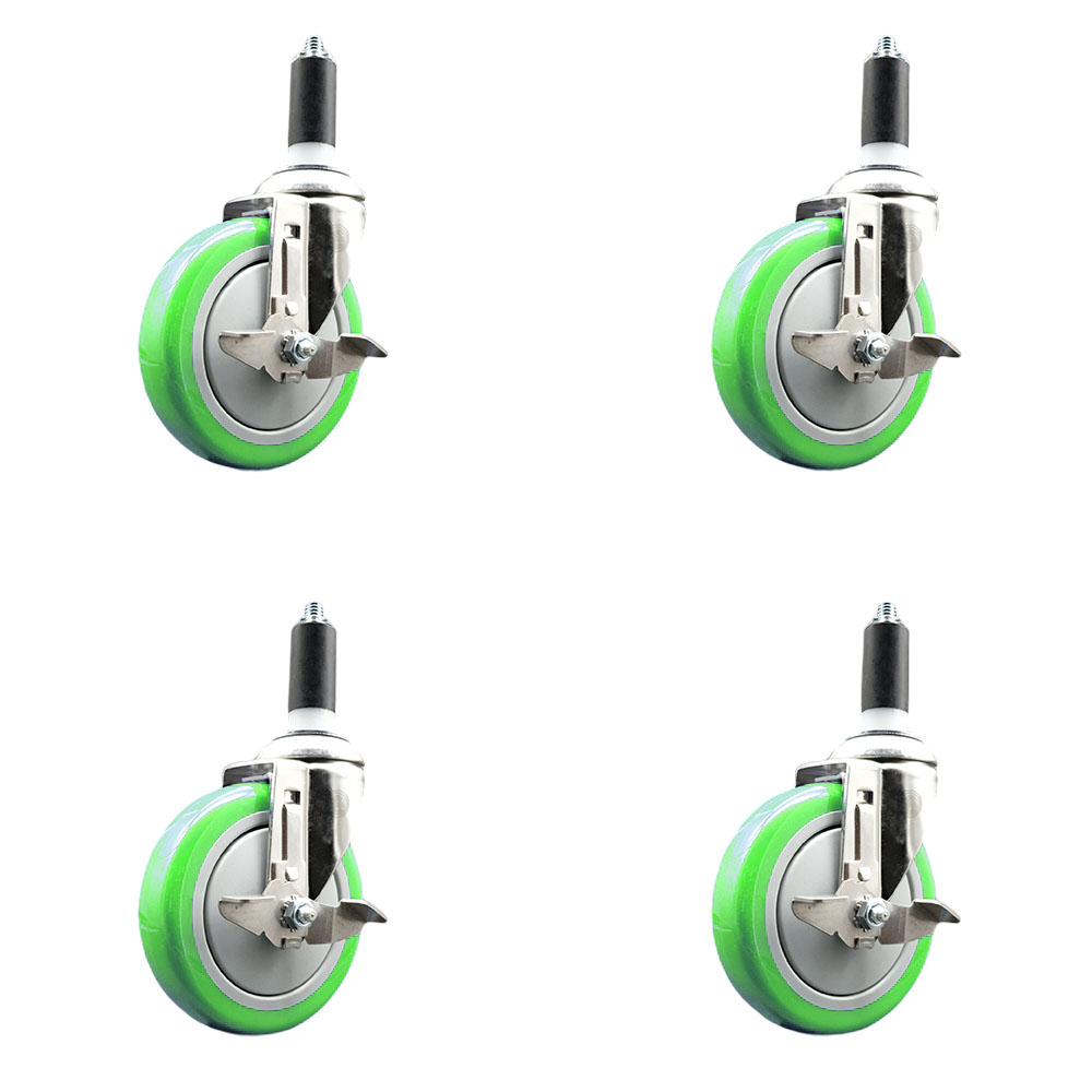 Polyurethane Swivel Stem Caster with 5 in. Green Caster Wheels, 1.38 in. Expanding Stems - 316 Stainless Steel Casters - Set of 4