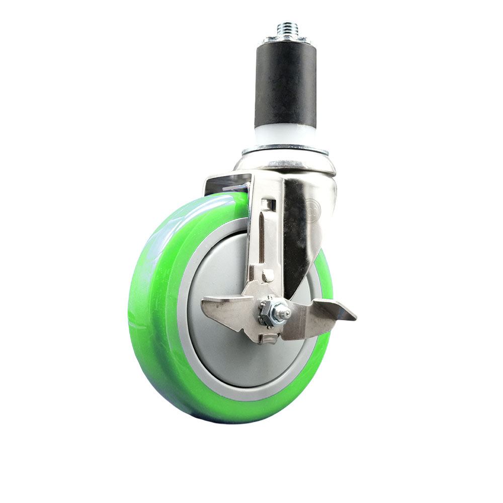 Polyurethane Swivel Stem Caster with 5 in. Green Caster Wheels & Top Lock Brake, 1.63 in. Expanding Stem - 316 Stainless Steel Caster