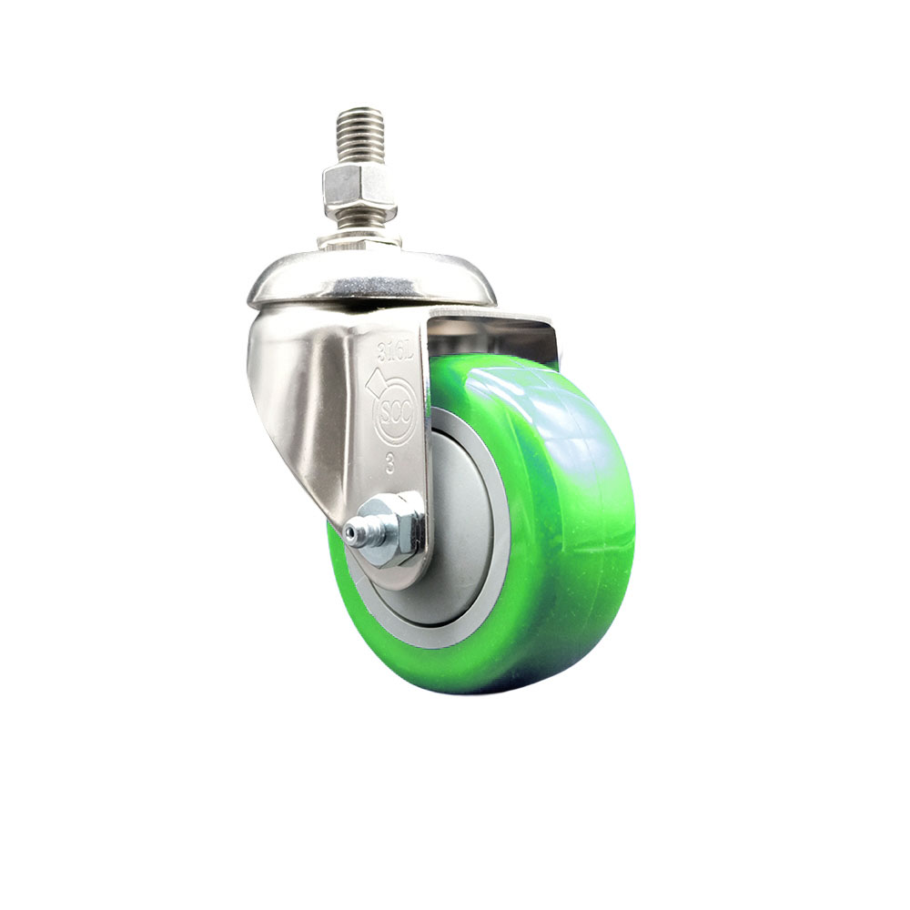 Polyurethane Swivel Stem Caster with 3 in. Green Caster Wheels, 0.38 in. Threaded Stem - 316 Stainless Steel Caster