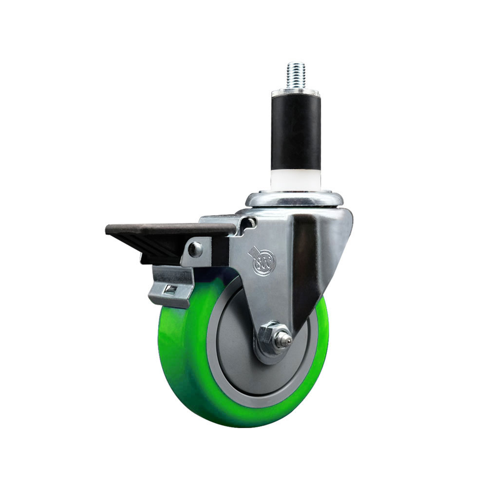 SCC-EX20S414-PPUB-GRN-PLB-138 Polyurethane Expanding Stem Swivel Caster with 4 in. Green Wheel & 1.38 in. Stem & Posi Locking Brake